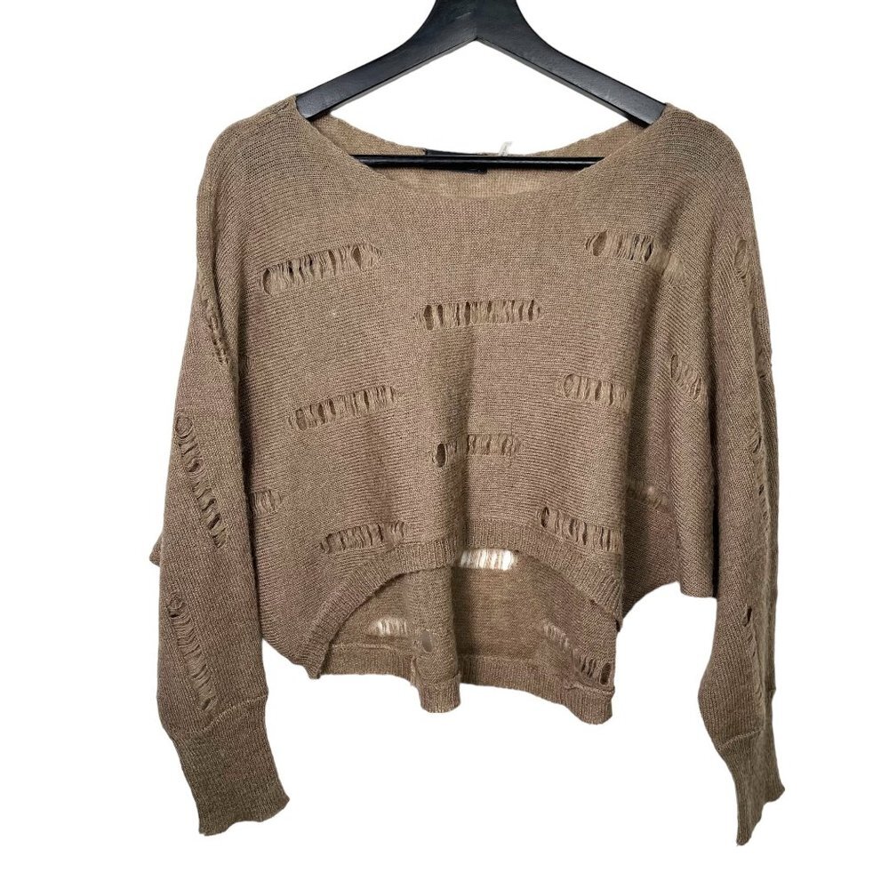 MAK B Wool Blend Distressed slouchy crop sweater Brown‎ SZ S